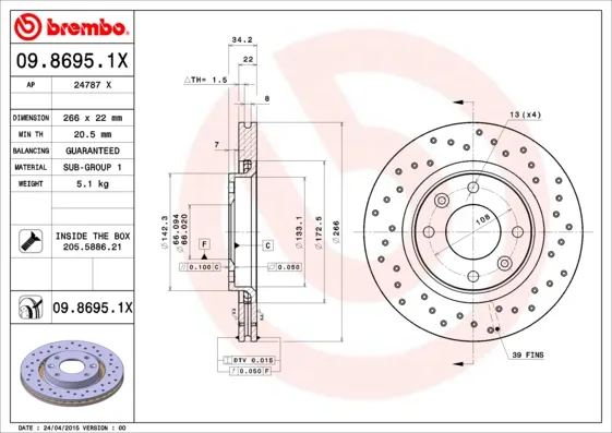 BREMBO 09.8695.1X - 2x disco freno ATP Autoricambi Spedito Oggi