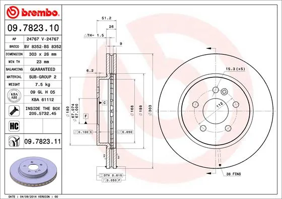 BREMBO 09.7823.11 - 2x Disco freno asse anteriore Ventilato ATP Autoricambi Nuovo Arrivo