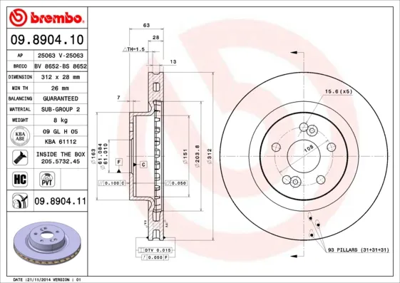 BREMBO 09.8904.11 - 2x disco freno ATP Autoricambi Soddisfatti O Rimborsati