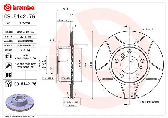BREMBO 09.5142.76 - 2x disco freno ATP Autoricambi Offerta Del Giorno