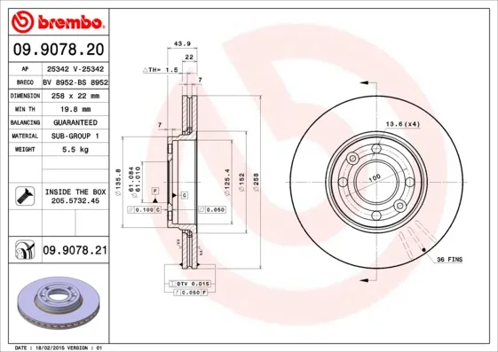 Pagamento Sicuro BREMBO 09.9078.21 - 2x Disco freno asse anteriore Ventilato ATP Autoricambi