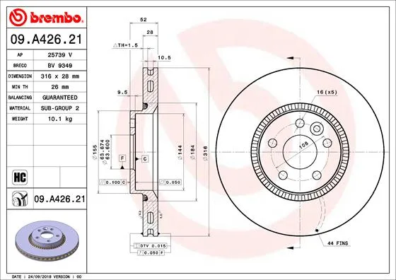 BREMBO 09.A426.21 - 2x disco freno ATP Autoricambi Offerta Del Giorno