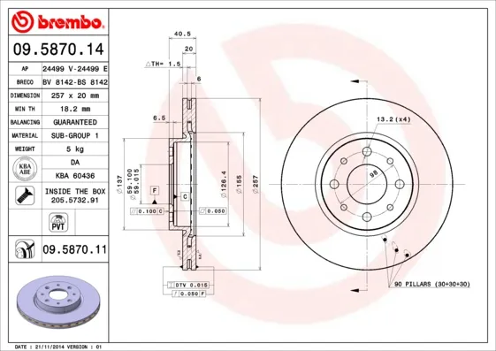 BREMBO 09.5870.11 - 2x Disco freno asse anteriore Ventilato ATP Autoricambi Subito Disponibile