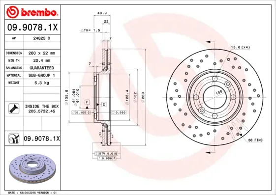 BREMBO 09.9078.1X - 2x Disco freno asse anteriore Ventilato ATP Autoricambi Occasione Imperdibile