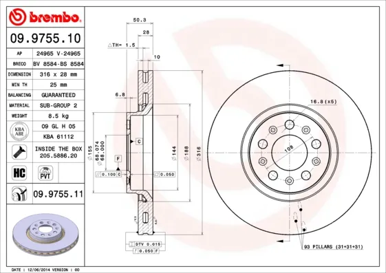 Soddisfatti O Rimborsati BREMBO 09.9755.11 - 2x Disco freno asse anteriore Ventilato ATP Autoricambi