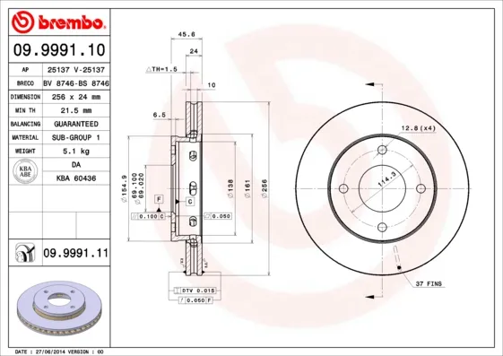 Acquista Ora BREMBO 09.9991.11 - 2x disco freno ATP Autoricambi