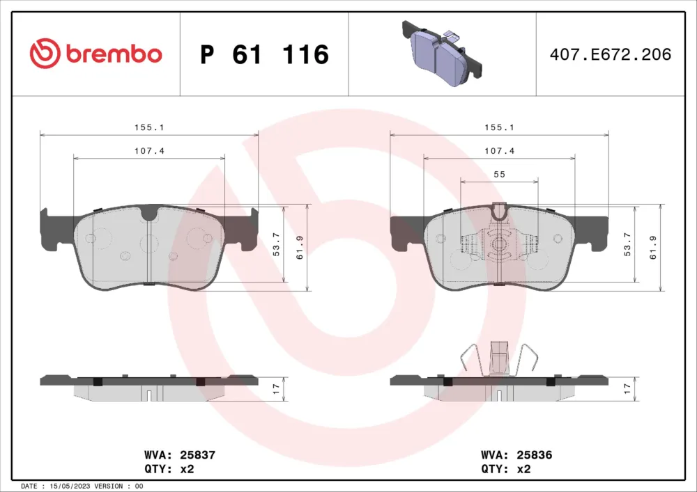 Solo Oggi BREMBO P 61 116 - Kit pastiglie freno, Freno a disco ATP Autoricambi